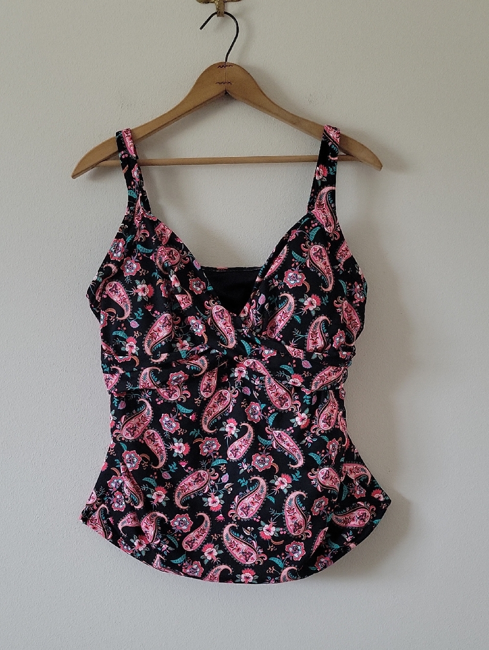 Lands' End Black Pink Paisley Sweetheart Wrap Underwire Tankini Top Size 16